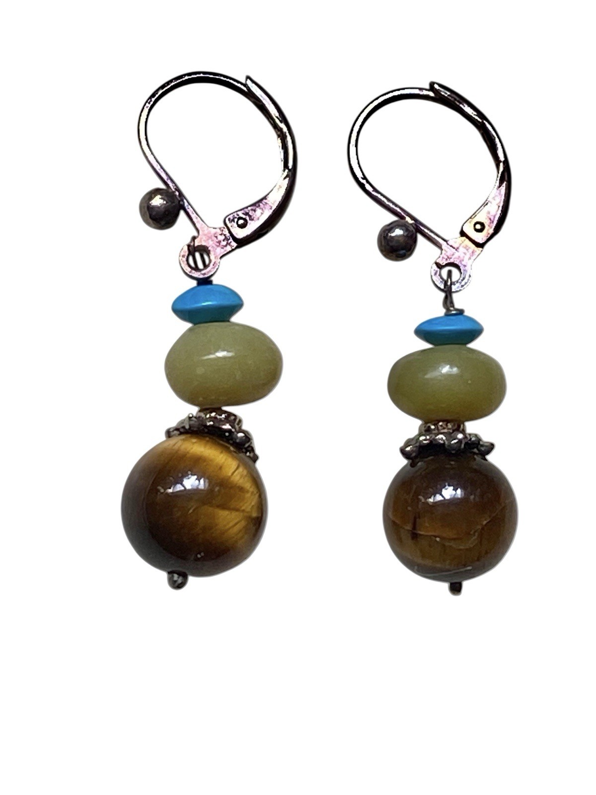 Vintage Tiger Eye Jade Turquoise Dangle Earrings Silver Leverback Drop Boho