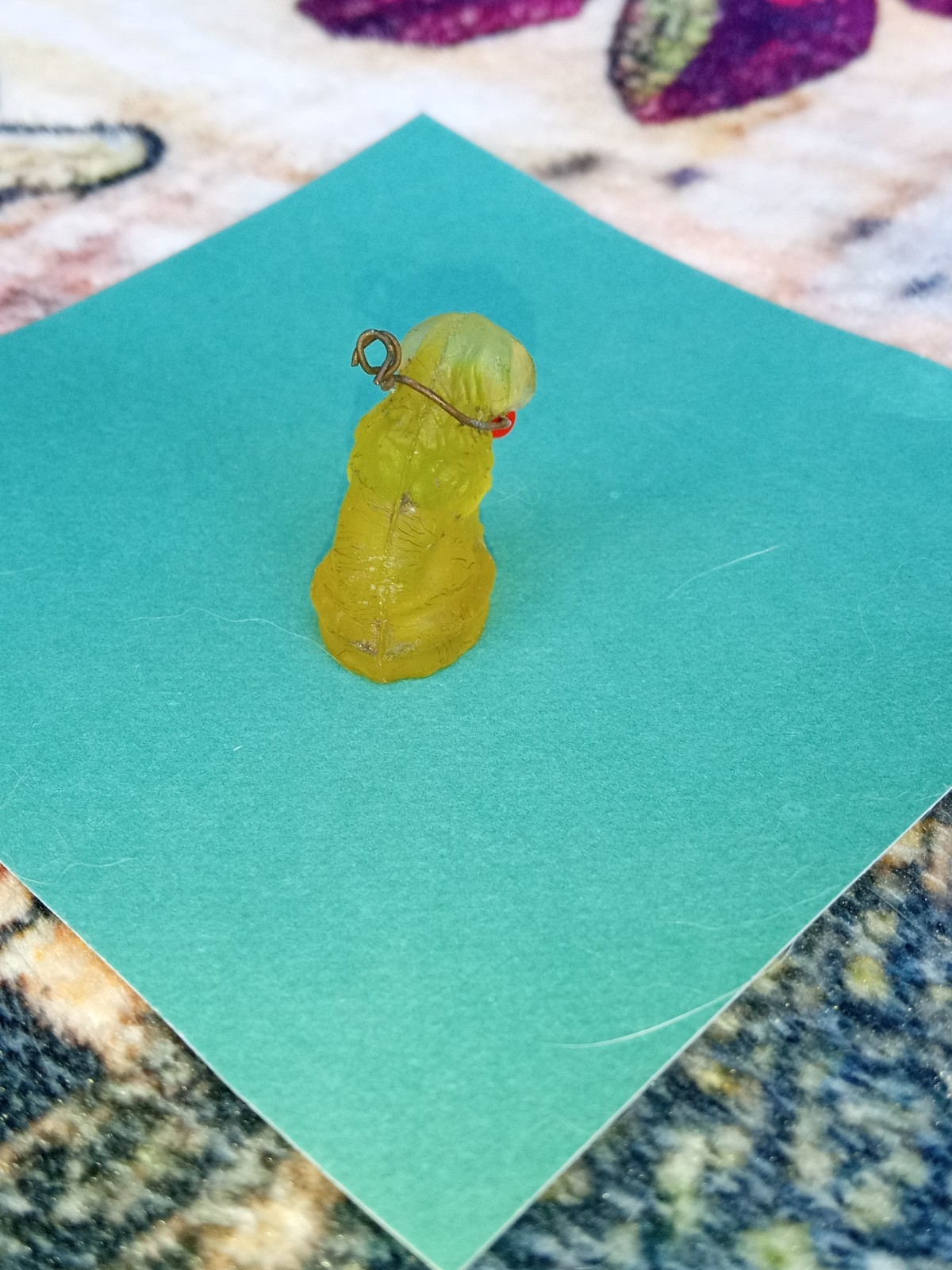 Antique, Vintage Czech Yellow Dog Cracker Jack Glass Charm, Prize, 1″