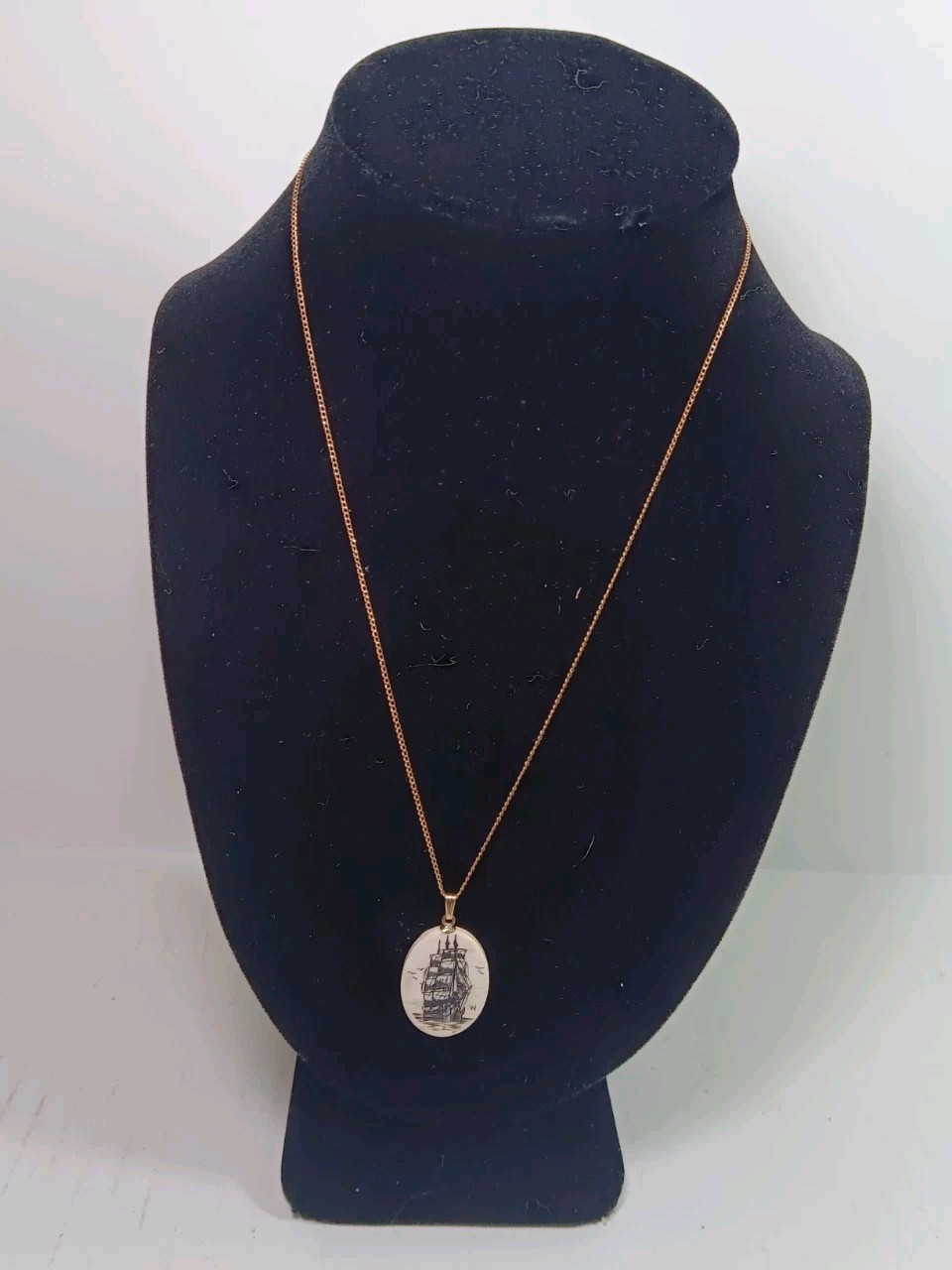 Vintage Scrimshaw Ship Pendant 14K GF Chain Necklace