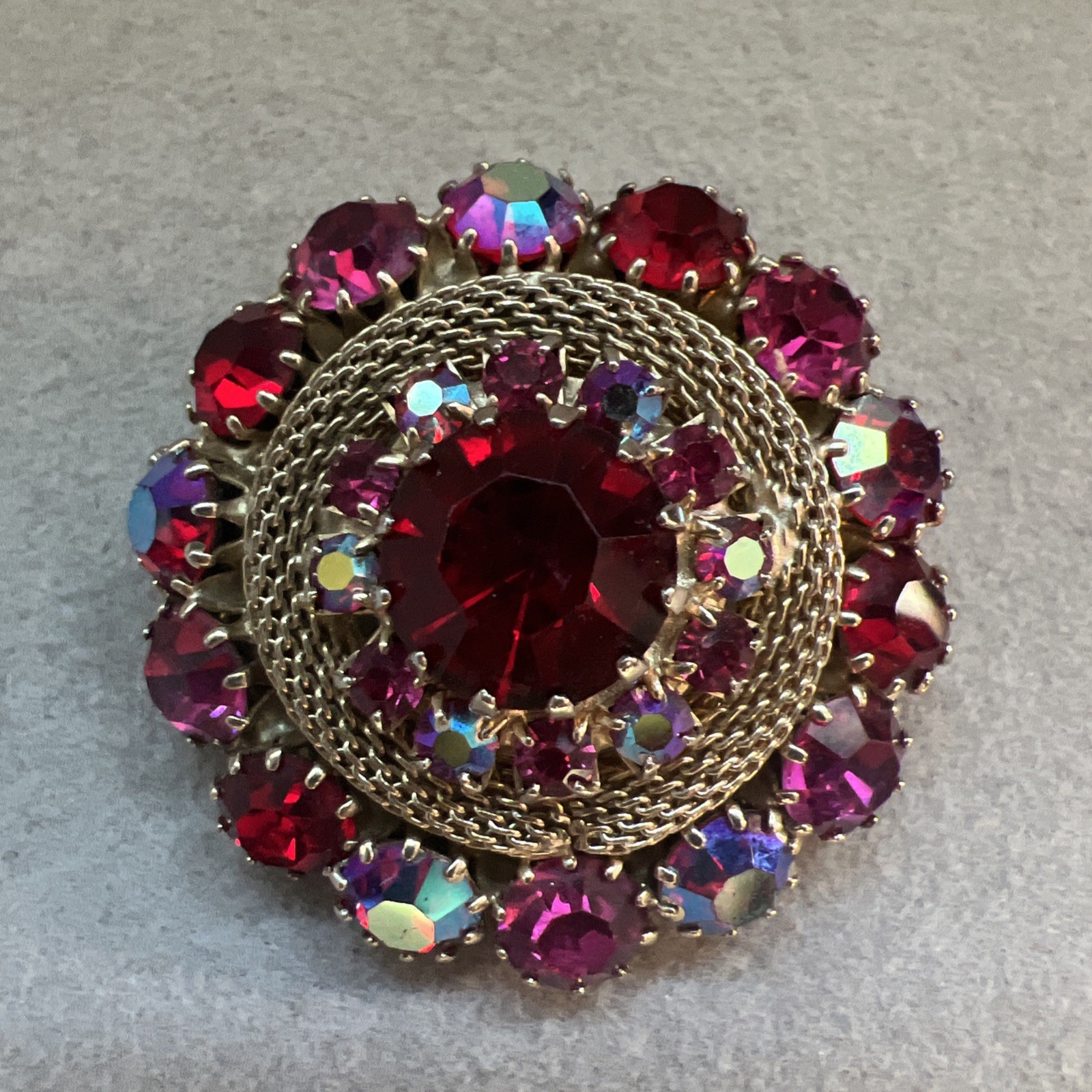 Stunning AB Siam , Rose Crystal Rhinestone and Mesh Circle Brooch 1.5″