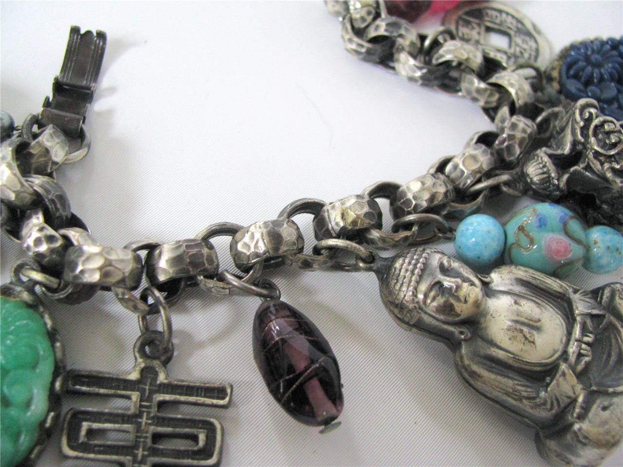 Vintage Napier Shangri La CHUNKY Asian 13 Charm Bracelet Silver 1950’s 7.25″
