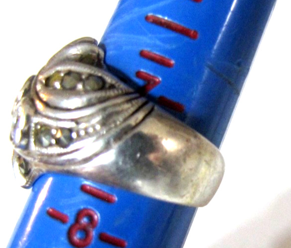 CW Sterling Silver CZ Hearts Marcasite Ring Missing Stones Wide Band 7.23g 7.5