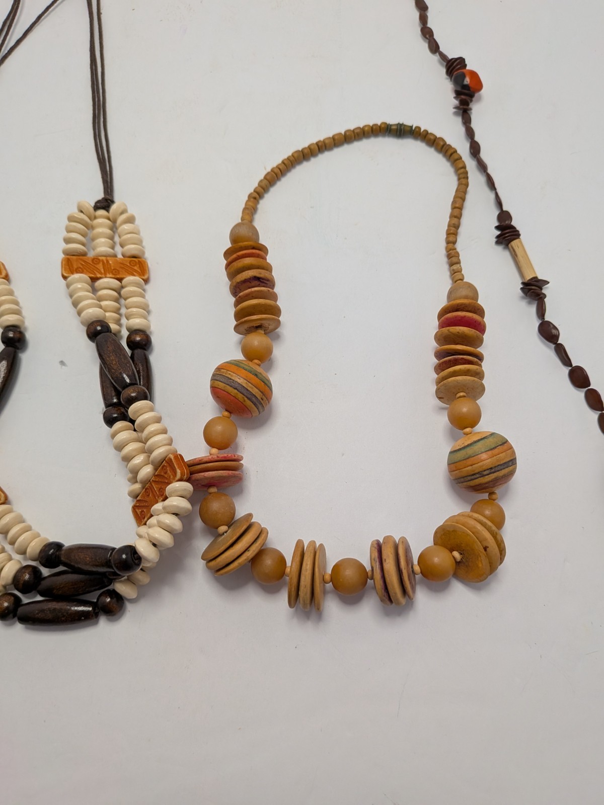 4 Vintage Wooden Beaded Necklaces Various Lengths, Brown, Peach, & Gold Colors
