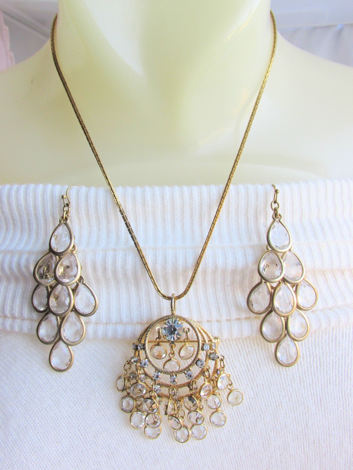 Lia Sophia Kiam Collection “Crystal Chandelier” Matte GoldTone Earrings +Pendant