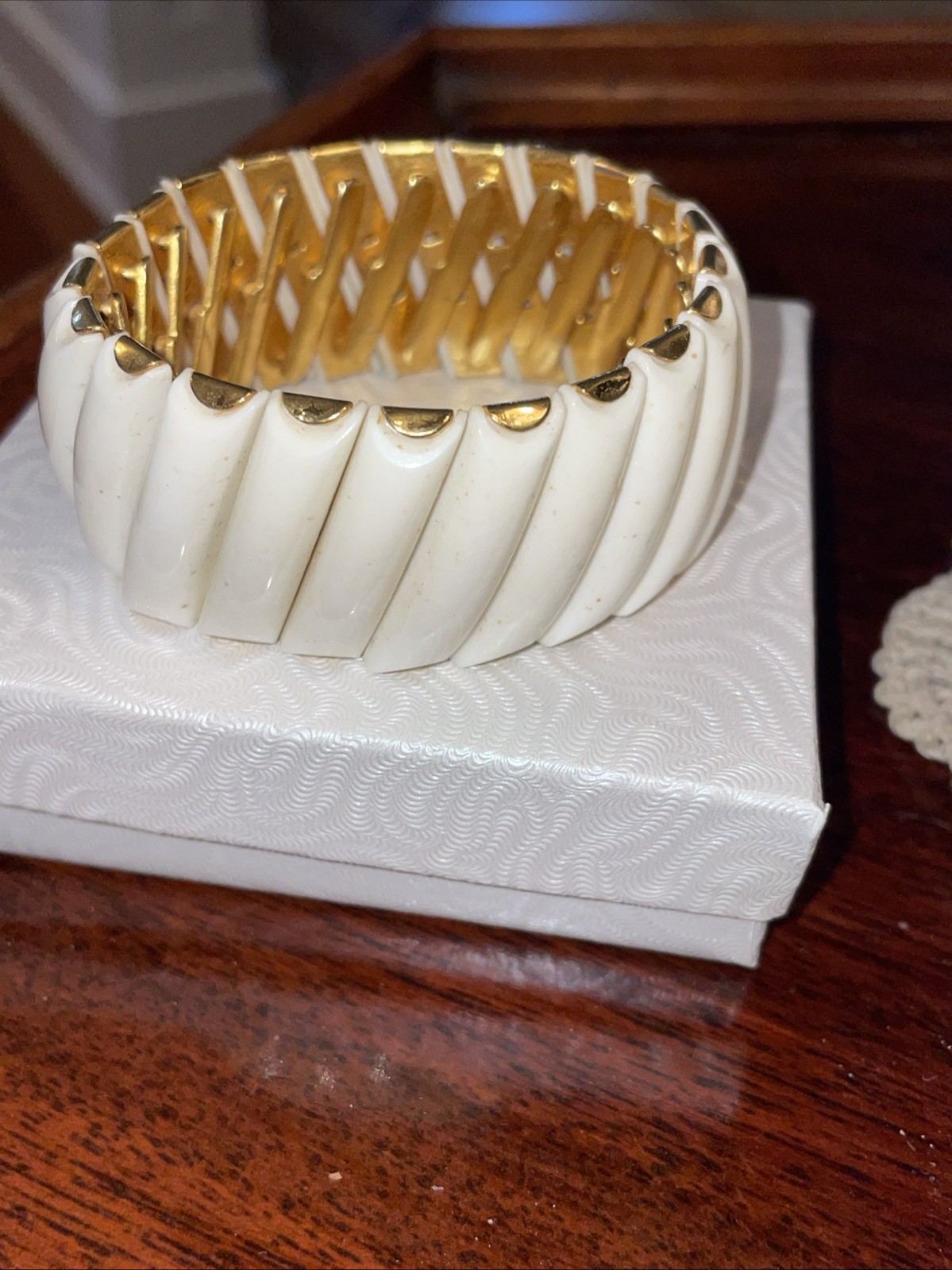 Vintage hard white plastic gold tone stretch expanding cuff bracelet Hong Kong