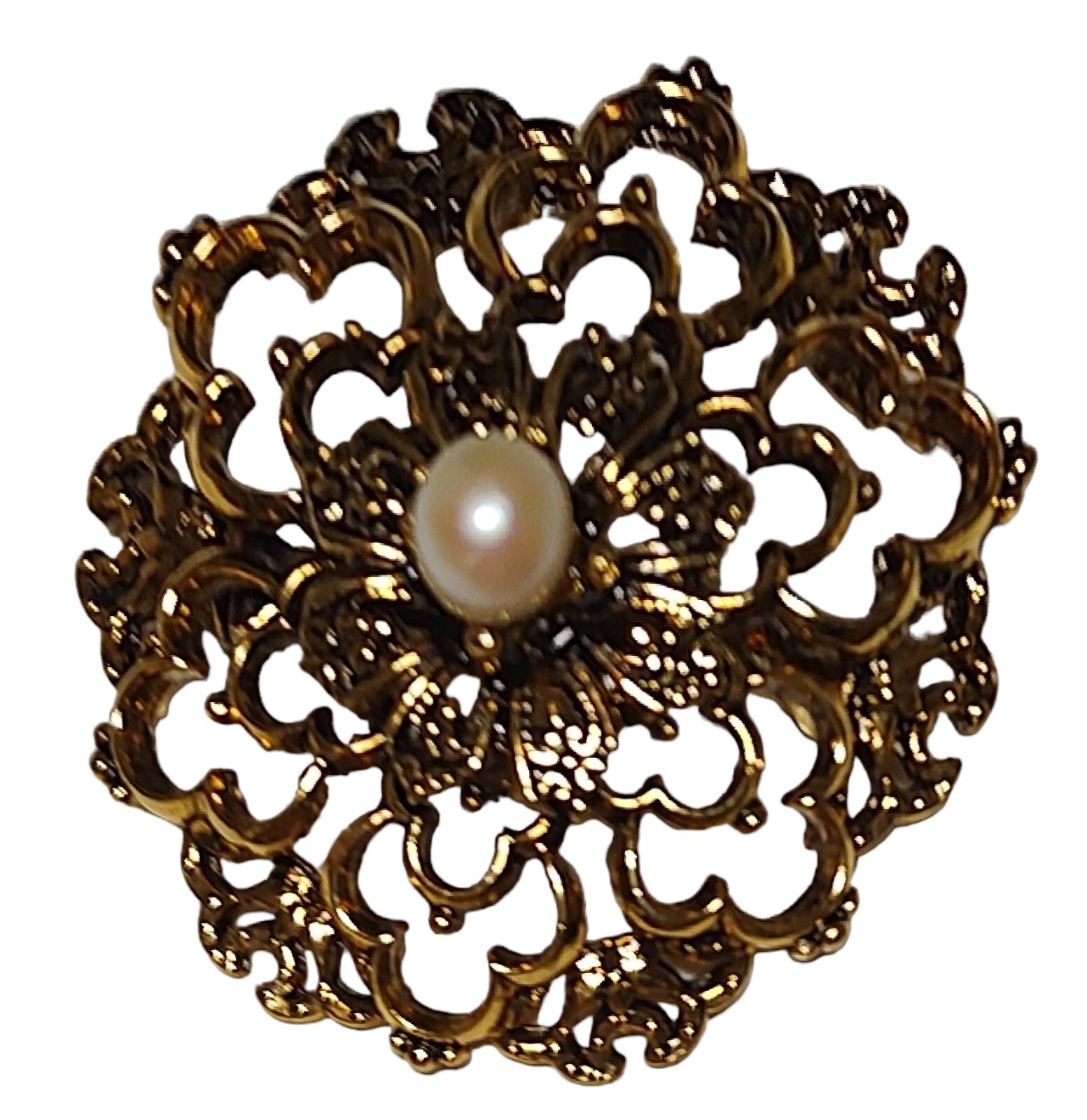 Tacoa Raised Relief Brooch Pin Faux Pearl Floral Filigree Gold Tone Vintage