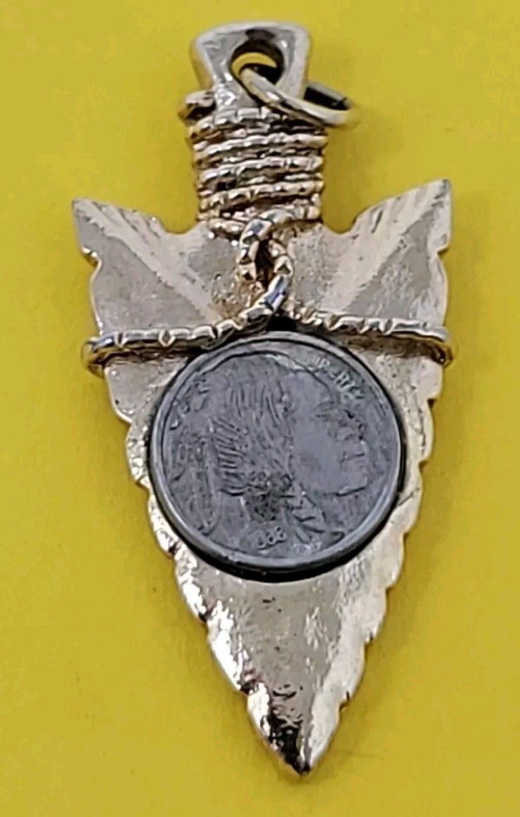 Vintage Miniature 1938 Buffalo Nickel Arrowhead Pendant Gold Tone Metal