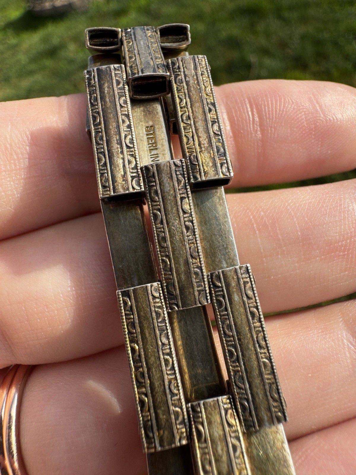 Art Deco Embossed Articulated Link Chain Sterling Silver Bracelet