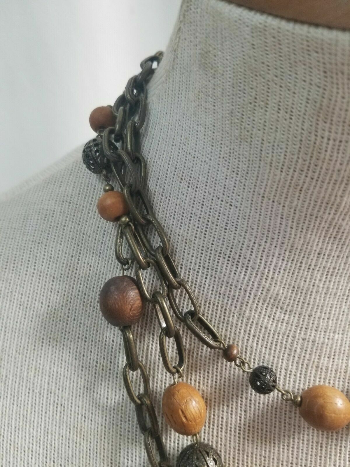 LAURA ASHLEY Necklace Wooden & Metal Beads Coppertone EARTHTONES
