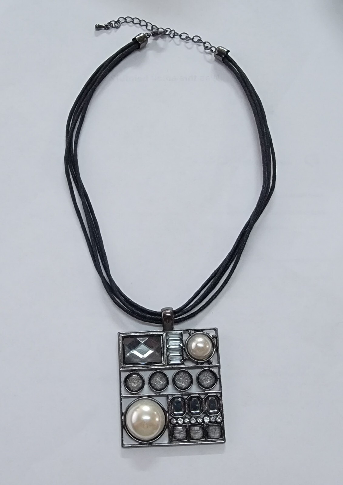 Corded Pearl and Faceted Stone Pendant Necklace 16″ with 3″ Extender Gun Metal