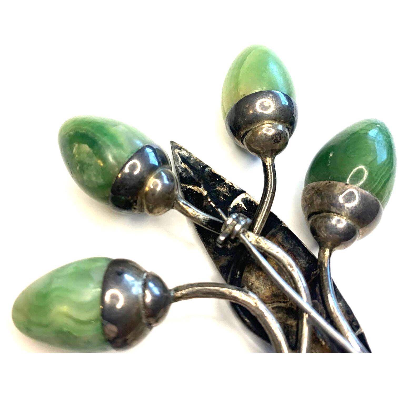 Vintage Mexico Silver and Green Agate Flower Bud Brooch Pin