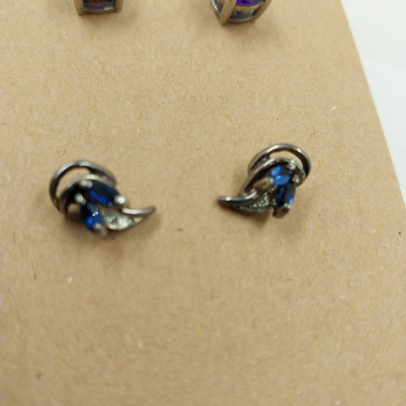 Set of 2 Pair Stud Earrings Silver Tone Purple Rhinestone and Blue Rhinestone