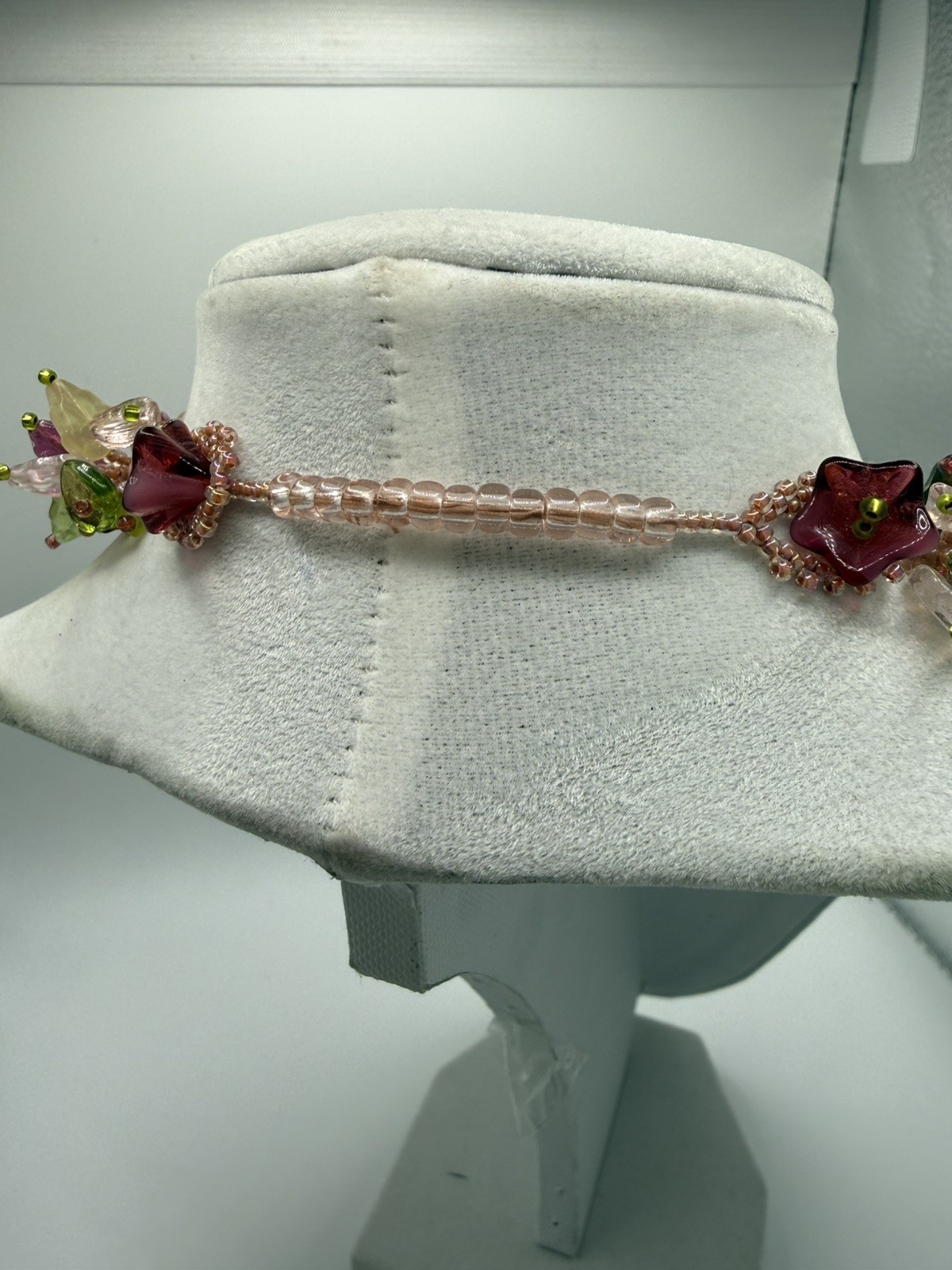 Cottagecore Glass Bead Cluster Necklace Pink Green Floral Leaf Fairycore