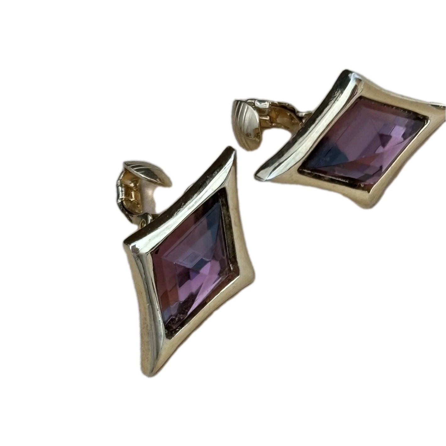 Pink Diamond Shape Earrings/ Clip Ons/ Gold Tone/ Measure About 1 in Length
