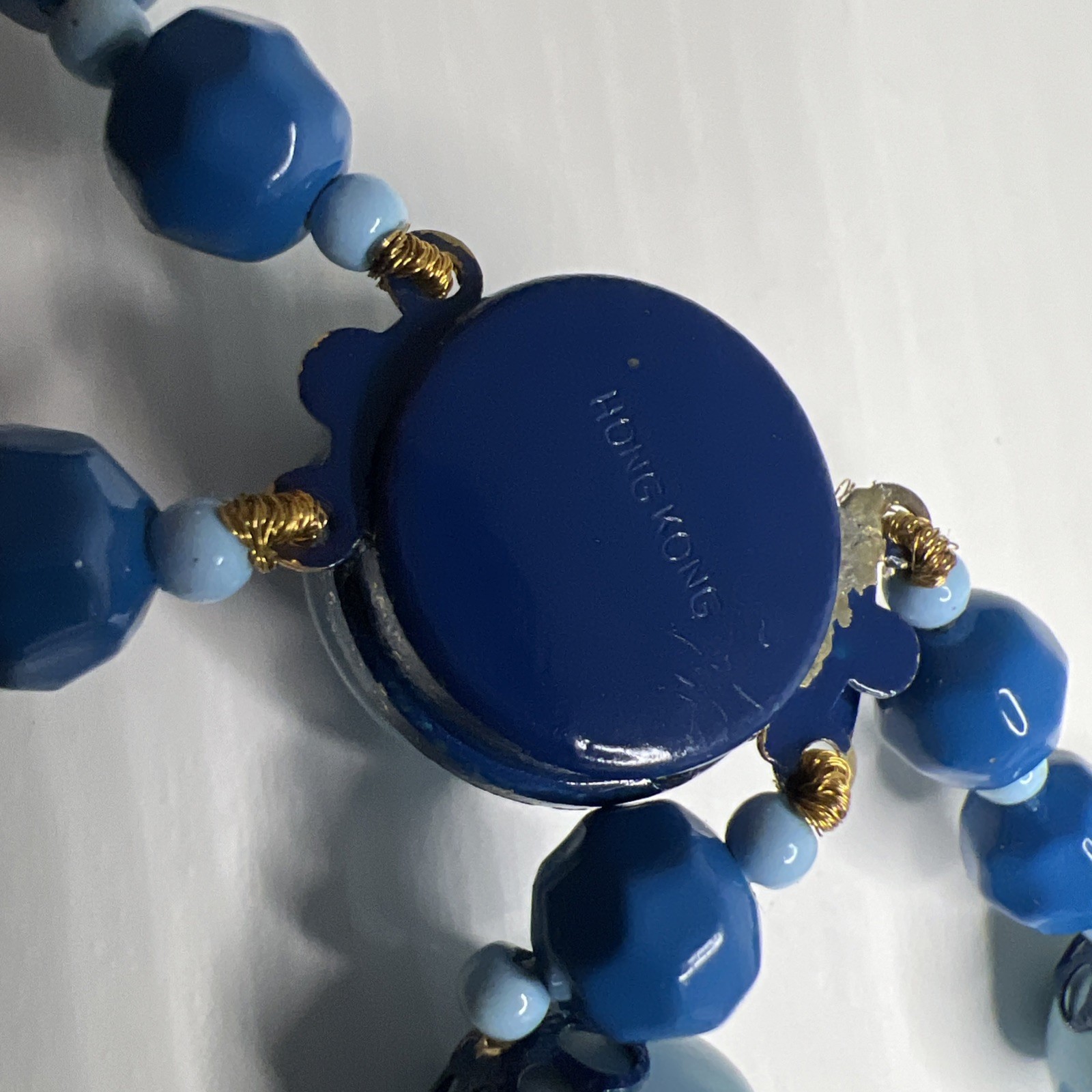Hong Kong Blue Painted Bead Double Strand Necklace Box Tab Clasp