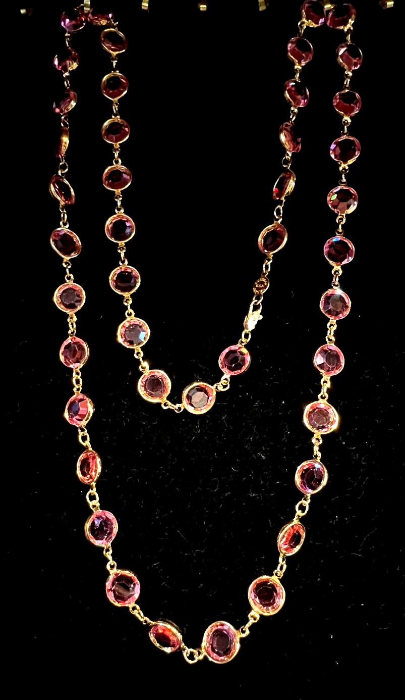 Vintage Pink AUSTRIAN Crystal USA Bezel Set 12 mm Crystals 36″ Long Necklace