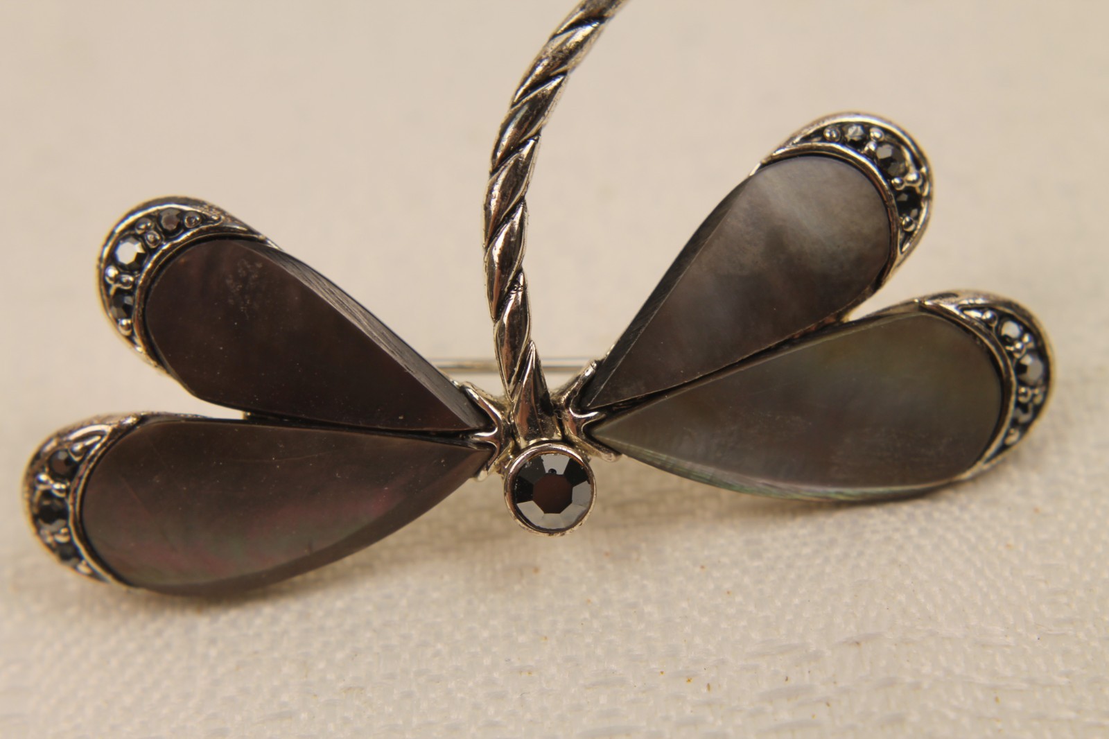 Vintage Black Mother of Pearl Dragonfly Pin Brooch Silver Tone Shell Marcasite