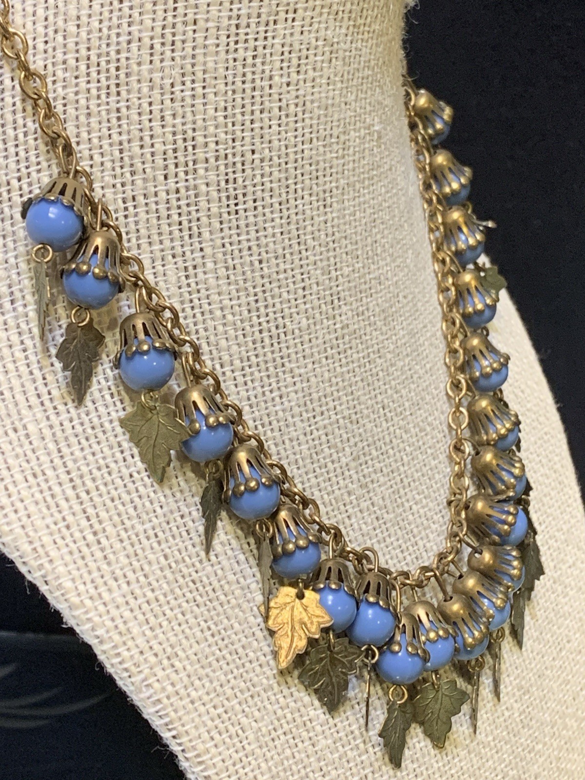 Vintage 16” Flower-like Capped Blue Celluloid Balls w/ Dangling Leaves Necklace