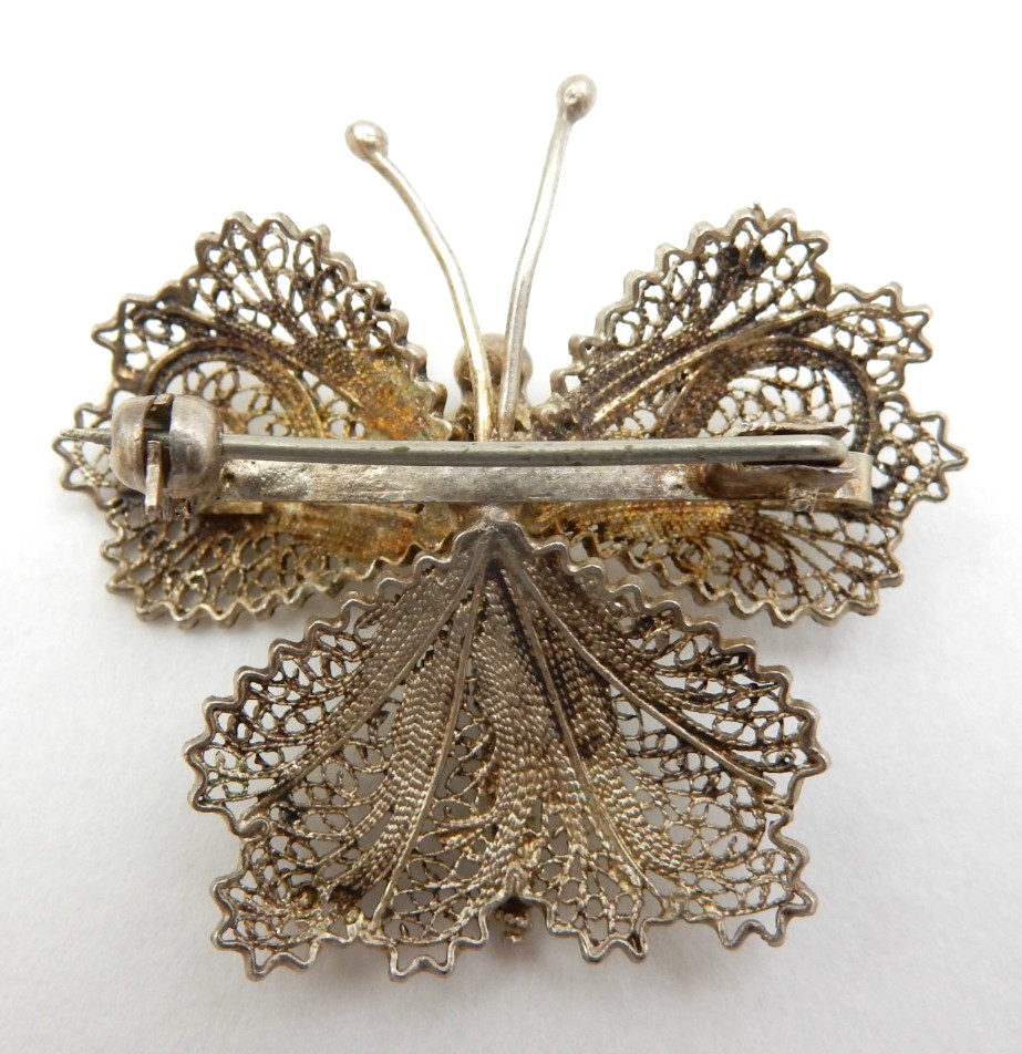 VINTAGE SOLID SILVER FINE CANNETILLE FILIGREE BUTTERFLY BROOCH PIN, 5.3 GRAMS