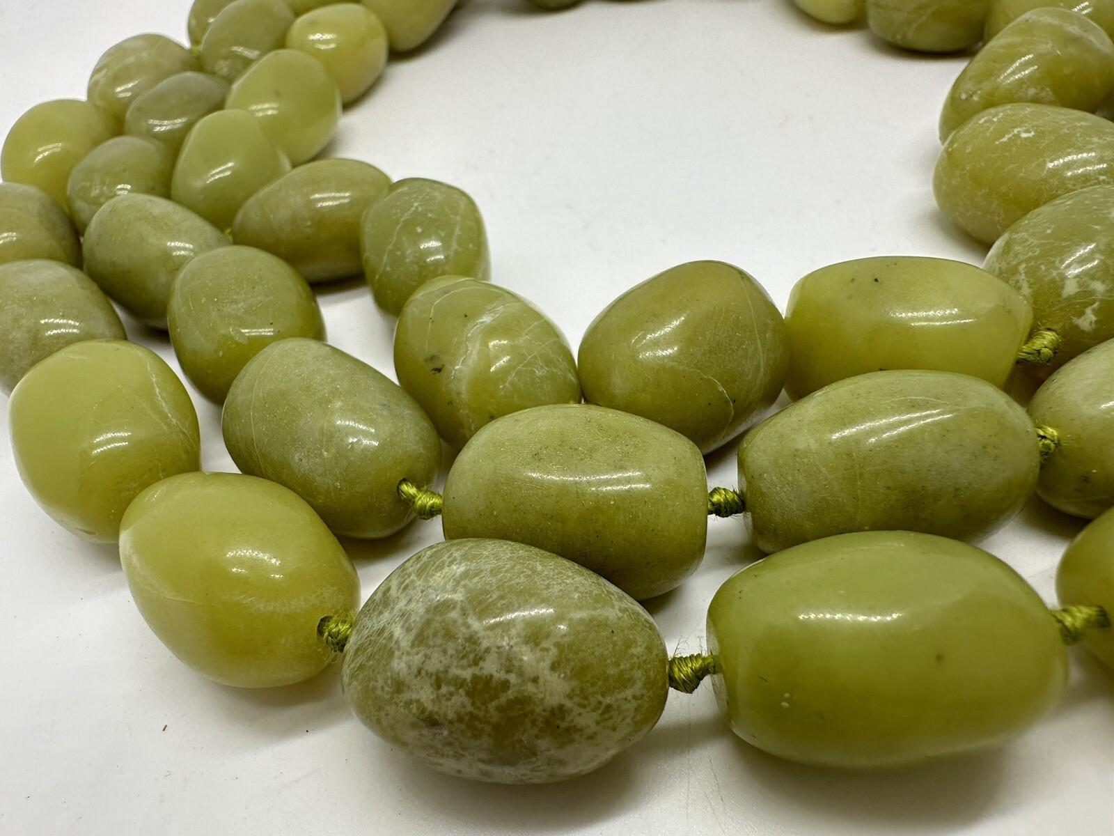 Vintage 3-Strand Olive Jade Nugget Beads Hand Knot 16-inch Choker Necklace