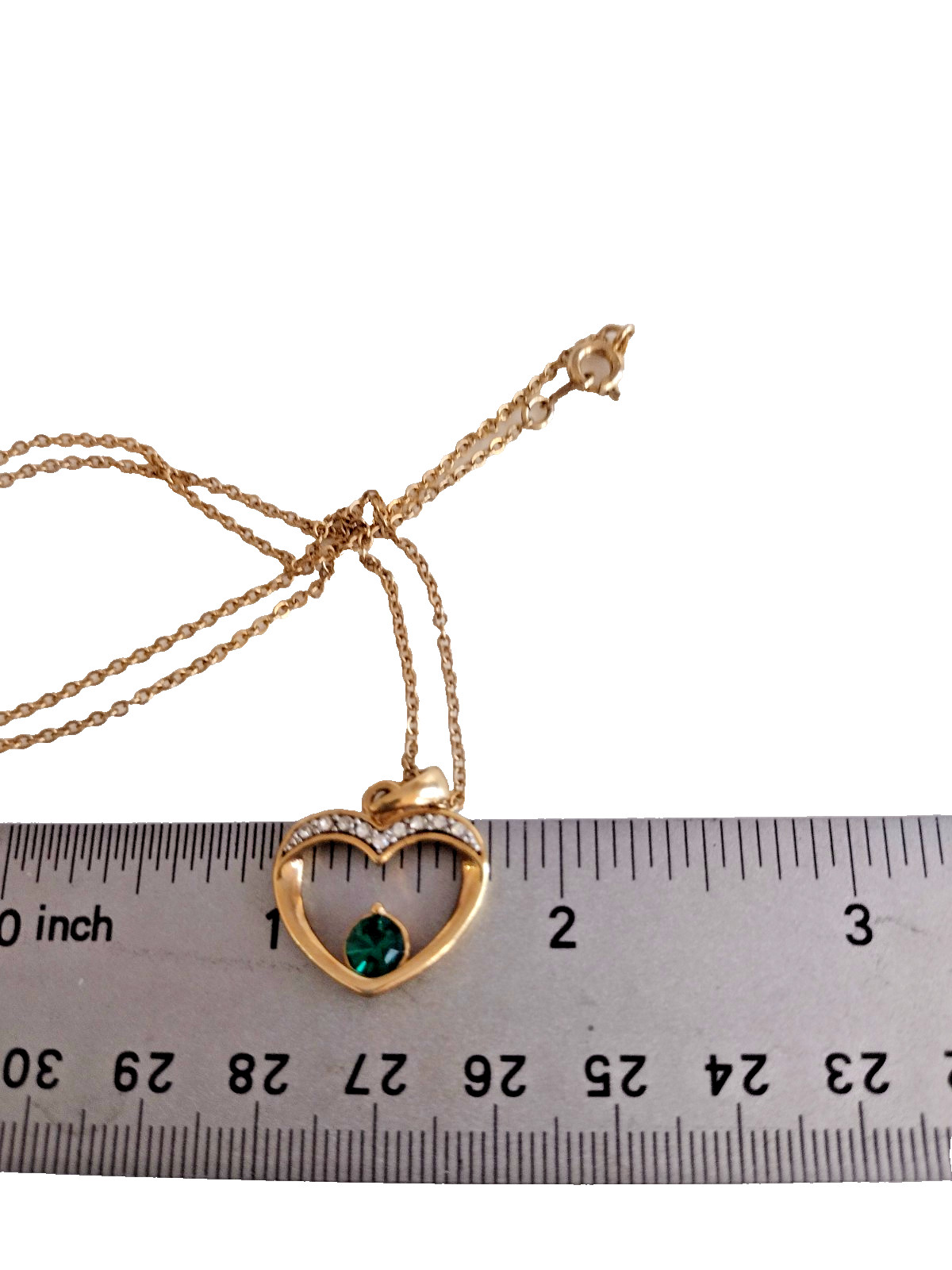 Vintage Emerald Crystal Heart Necklace Gold Tone Diamond Cut Chain 18″