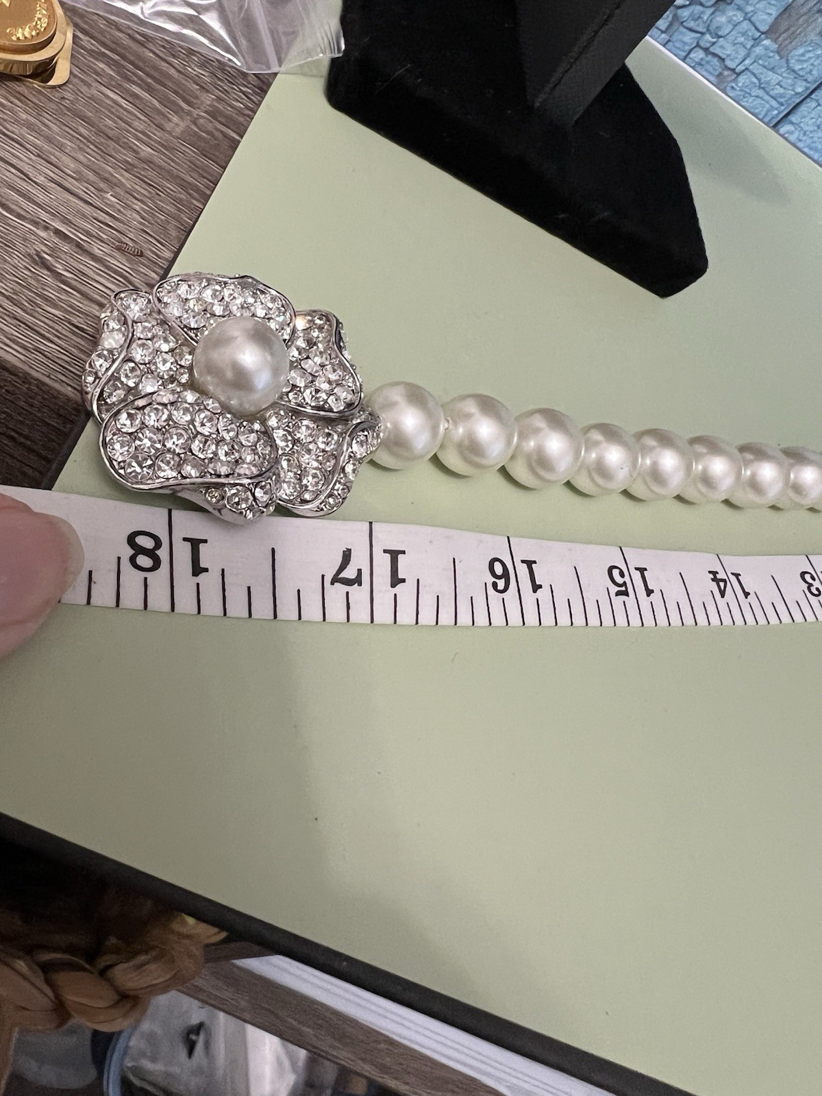 Vintage Signed KJL Large Pearl Necklace Choker With Rhinestone Flower Rose Clasp