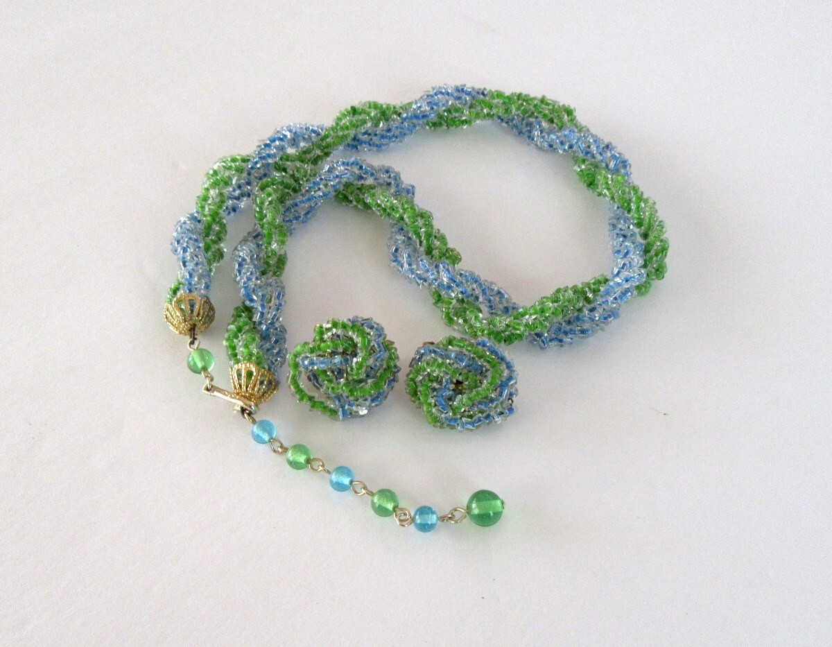 Vintage Blue & green beaded necklace & clip on cluster earrings set – Japan MCM