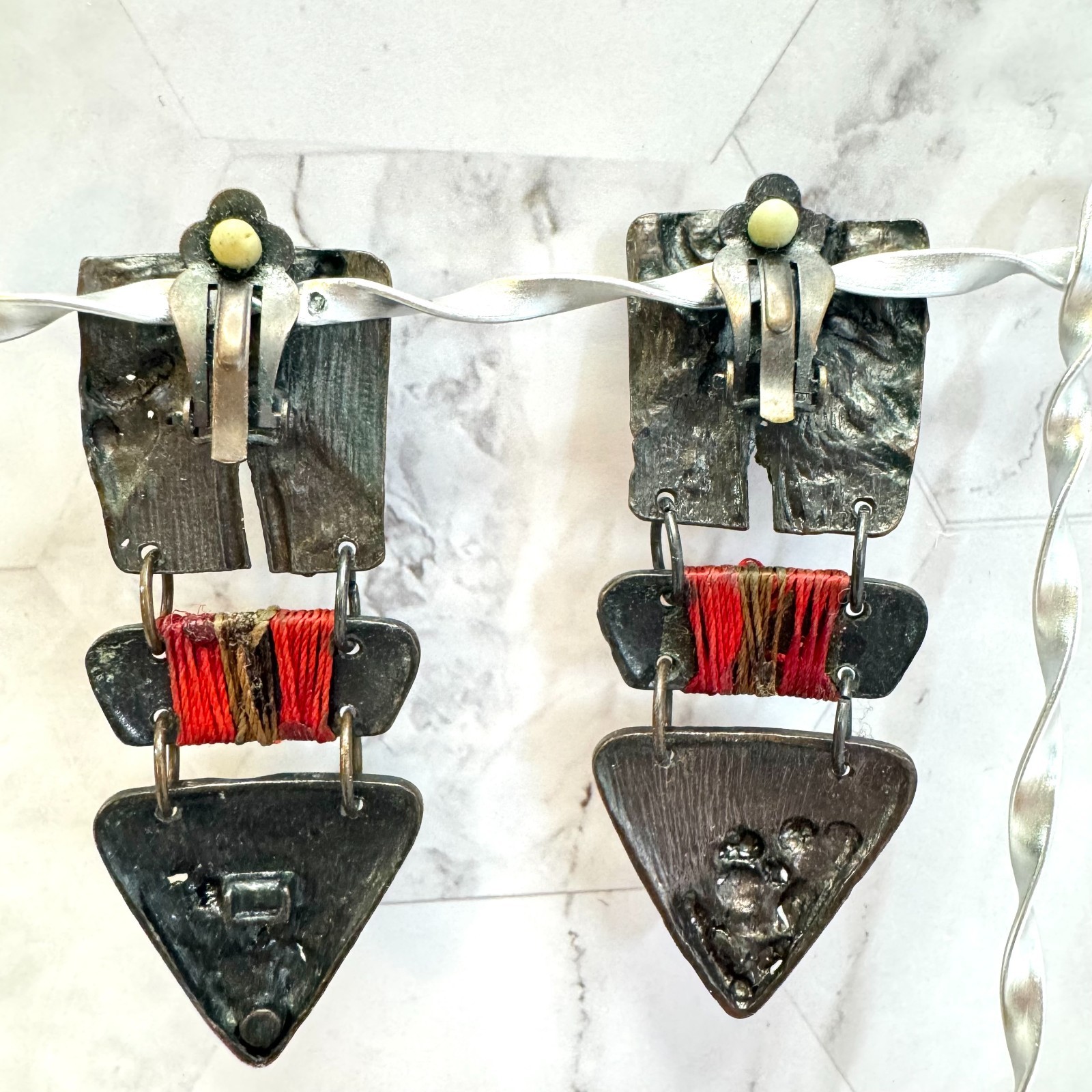 Vintage Brutalist Earrings Dangle Mixed Metal Material Rhinestone Gunmetal Tone