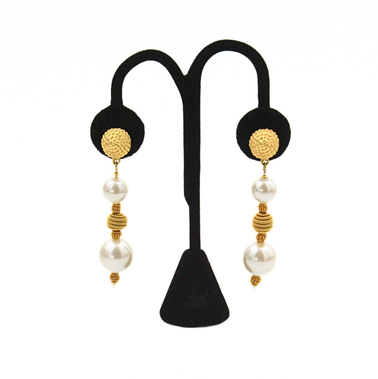Marvelous Classic Faux Pearl Textured Gold Plate Long Dangle Drop Earrings