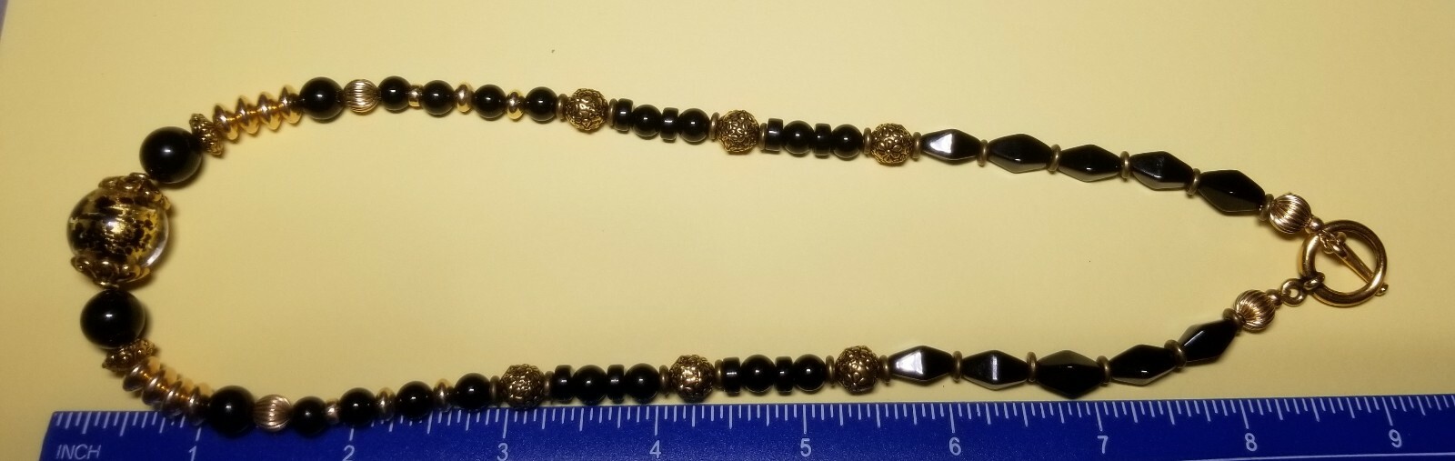 Vintage Black & Gold Beaded Necklace with Foil Art Bead Accent Toggle Closure
