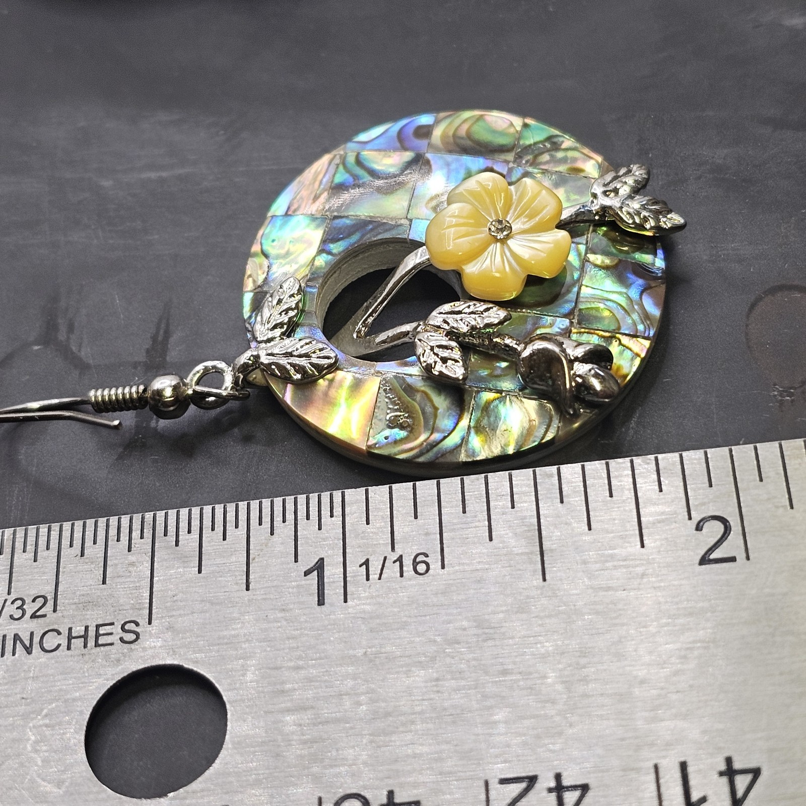 Vintage Abalone Mosaic Mother Of Pearl Floral Dangle Earrings Paua Shell Inlaid