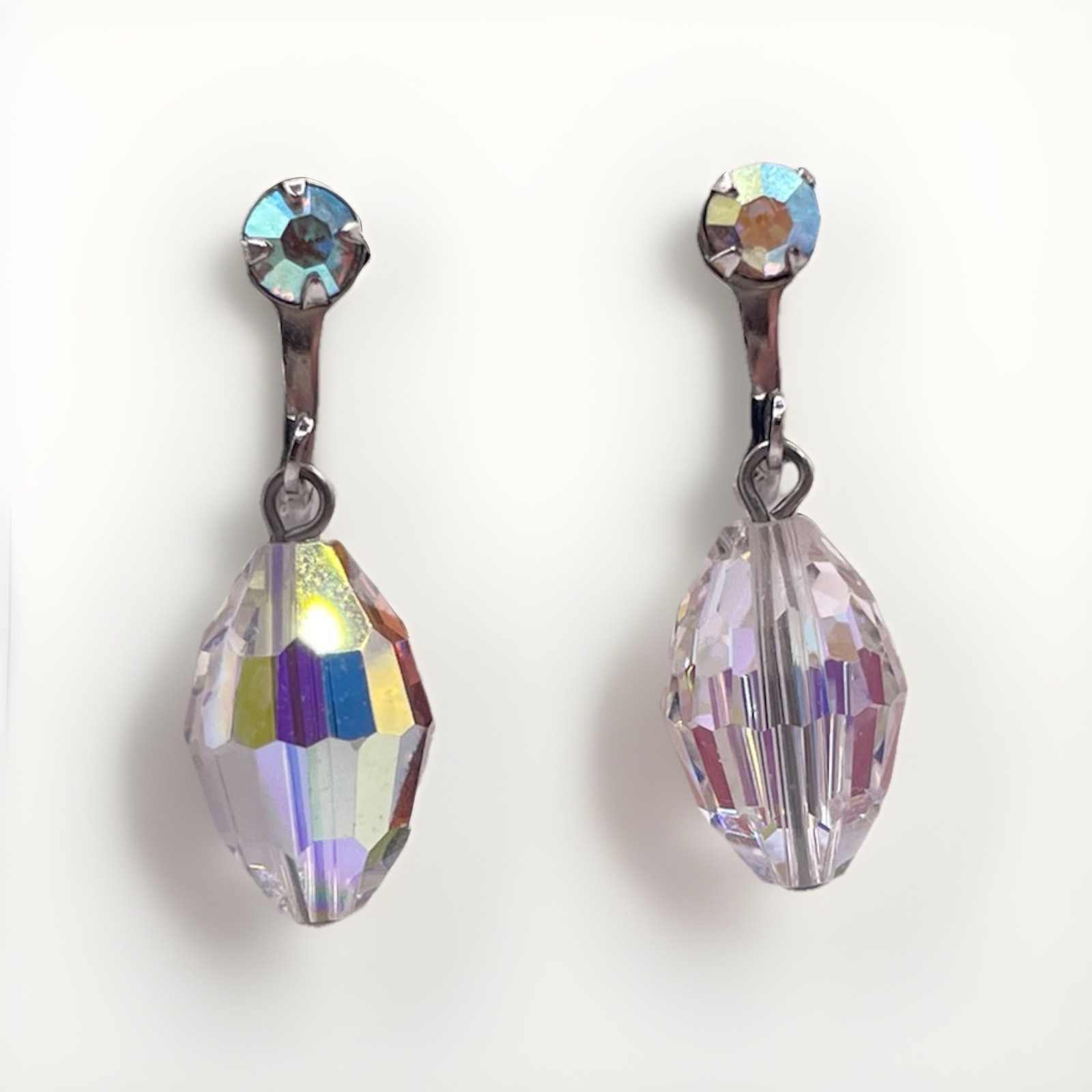 Vintage AB Aurora Borealis Faceted Crystal Drop Dangle Screw Back Earrings