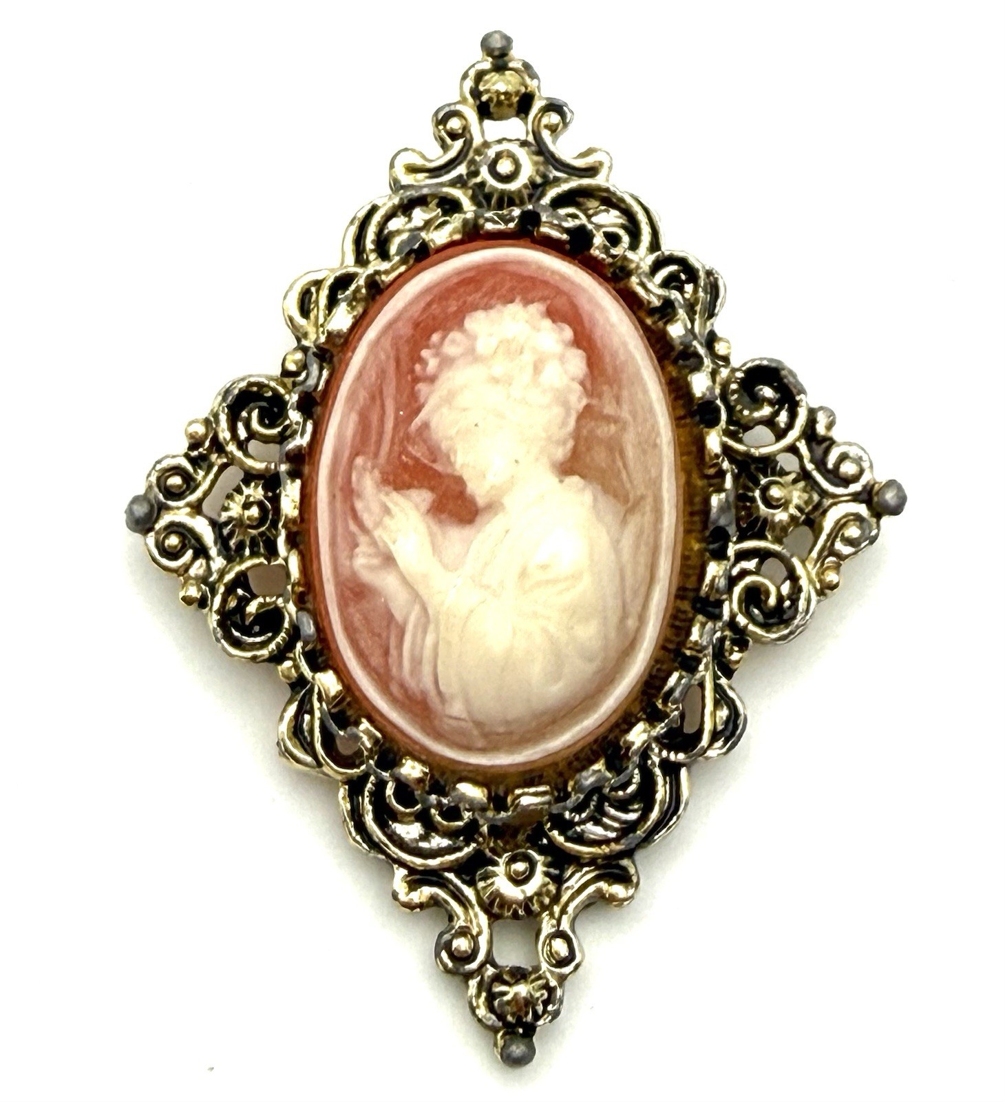 Gerry’s Vintage Cameo Brooch Pin Gold Tone Orange Cream Woman Holding Bird 2″ *