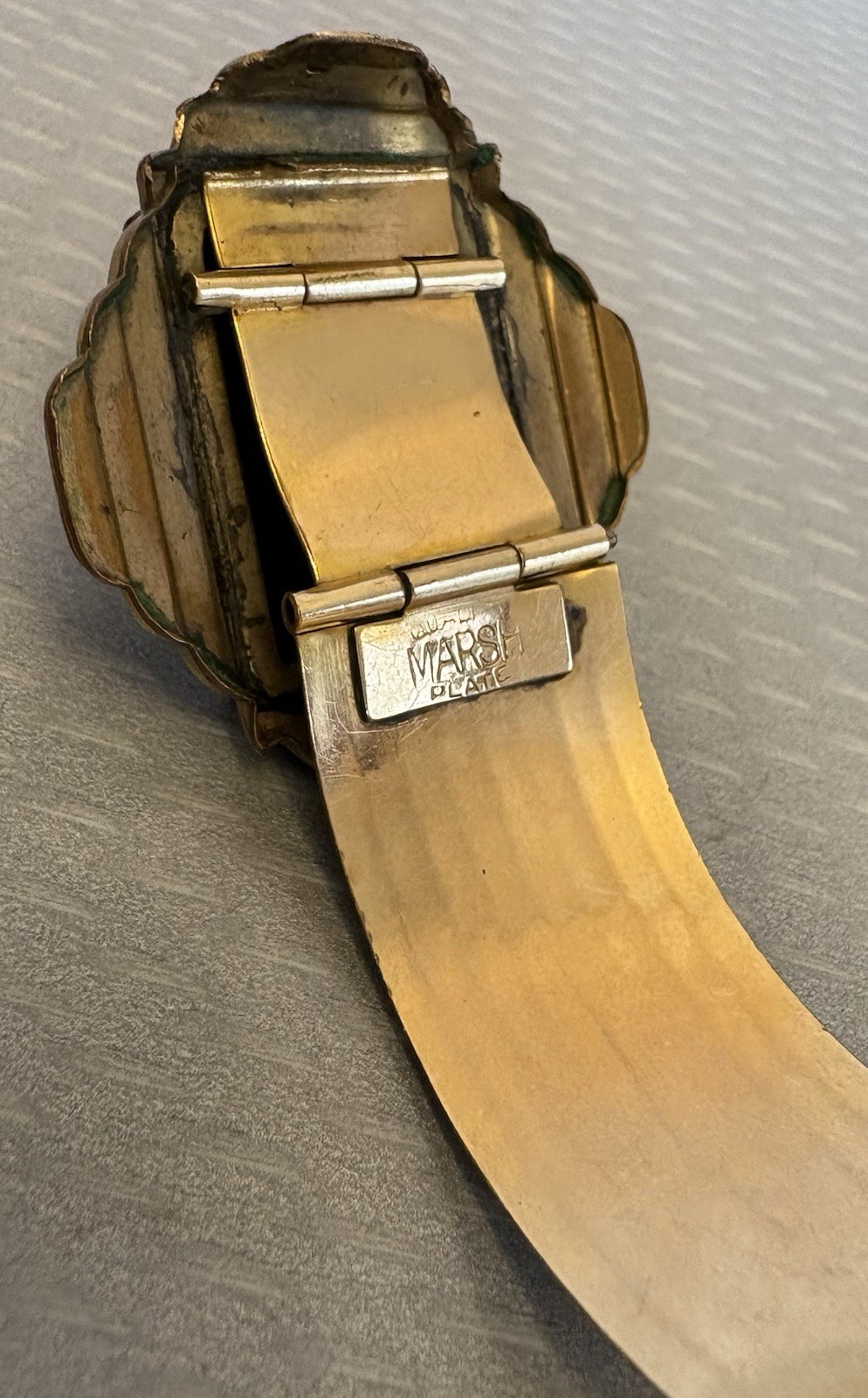 Art Deco Signed MARSH Gold Plate Bangle Snap Open Hidden Secret Locket Bracelet