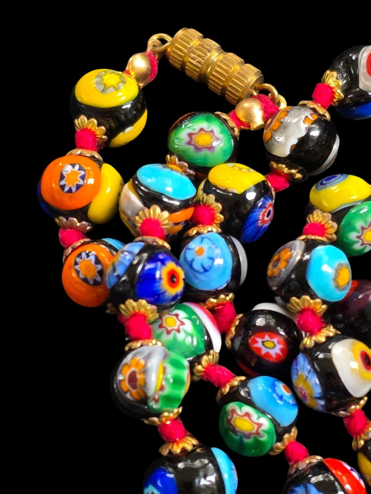 Vintage Multi Color Murano Millefiori Venetian Art Glass Round Beads Hand Knot