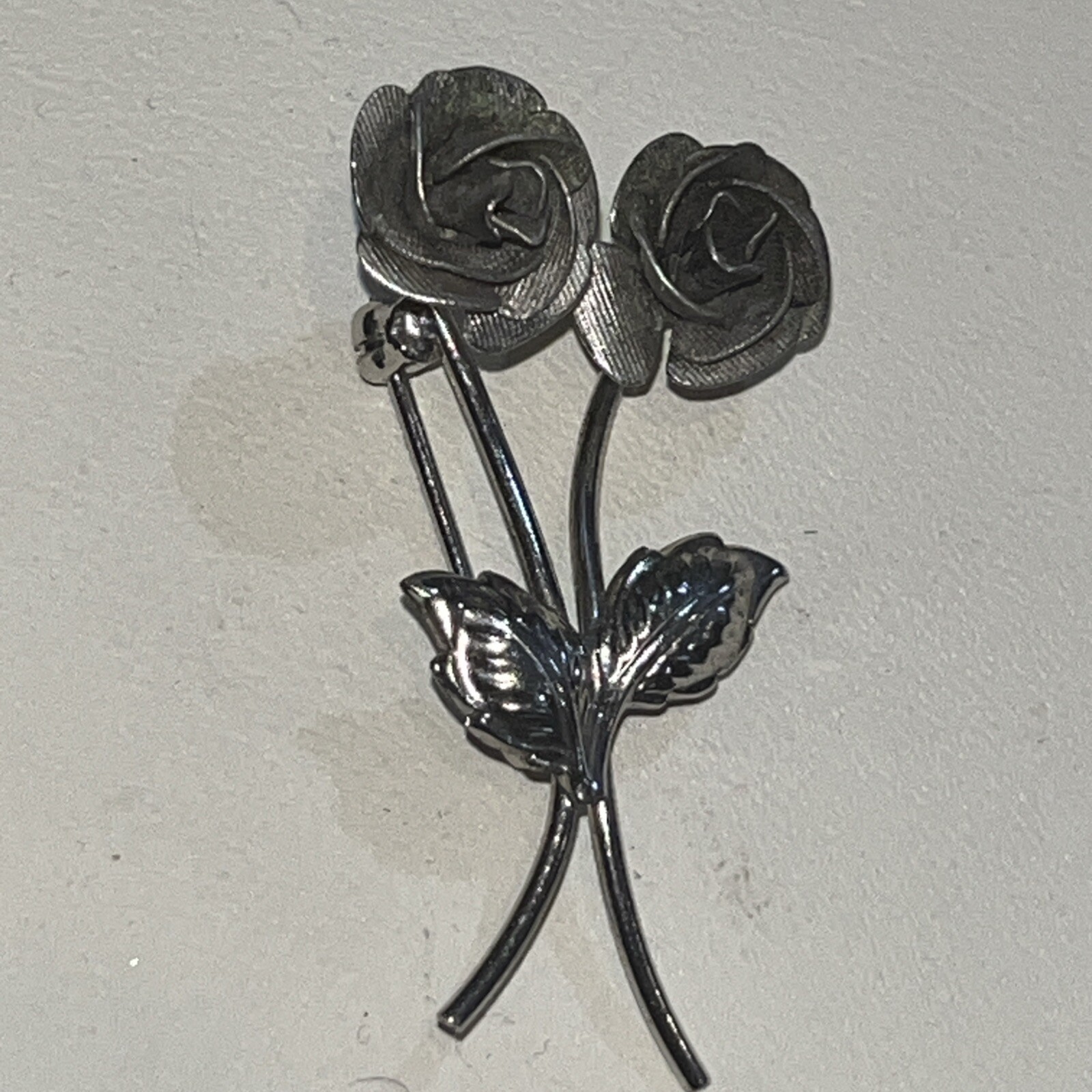 Sterling Silver Double Rose Flower Brooch Pin 1.5 Signed AC
