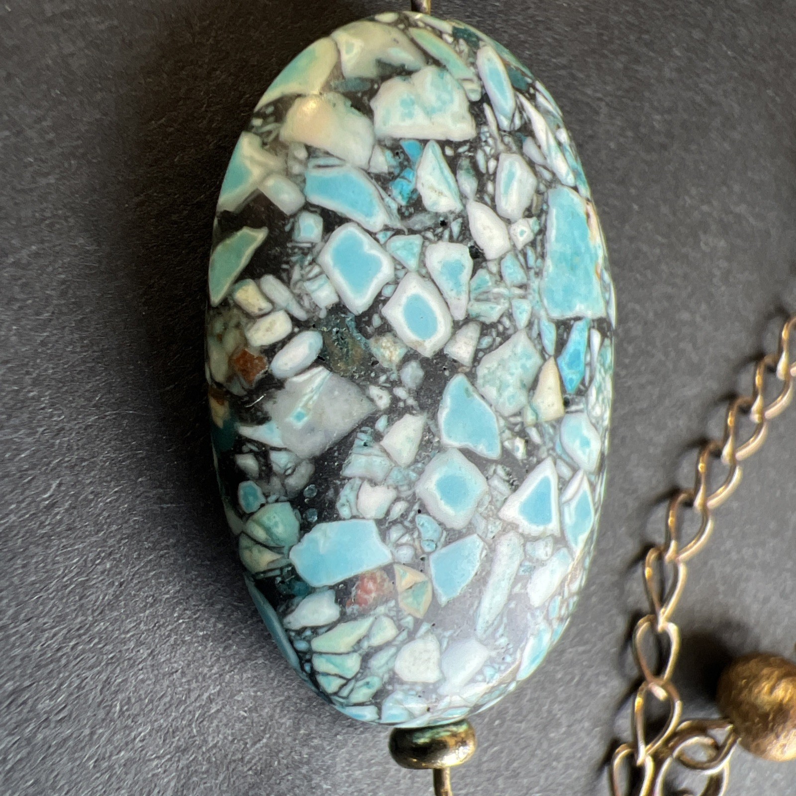 Vintage Turquoise Chip Inlay Beads Amber Mother of Pearl Abalone Bronze Necklace