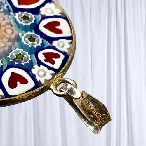 Italian Glass Handcrafted Pendant Mosaic Sterling Silver Flowers Heart