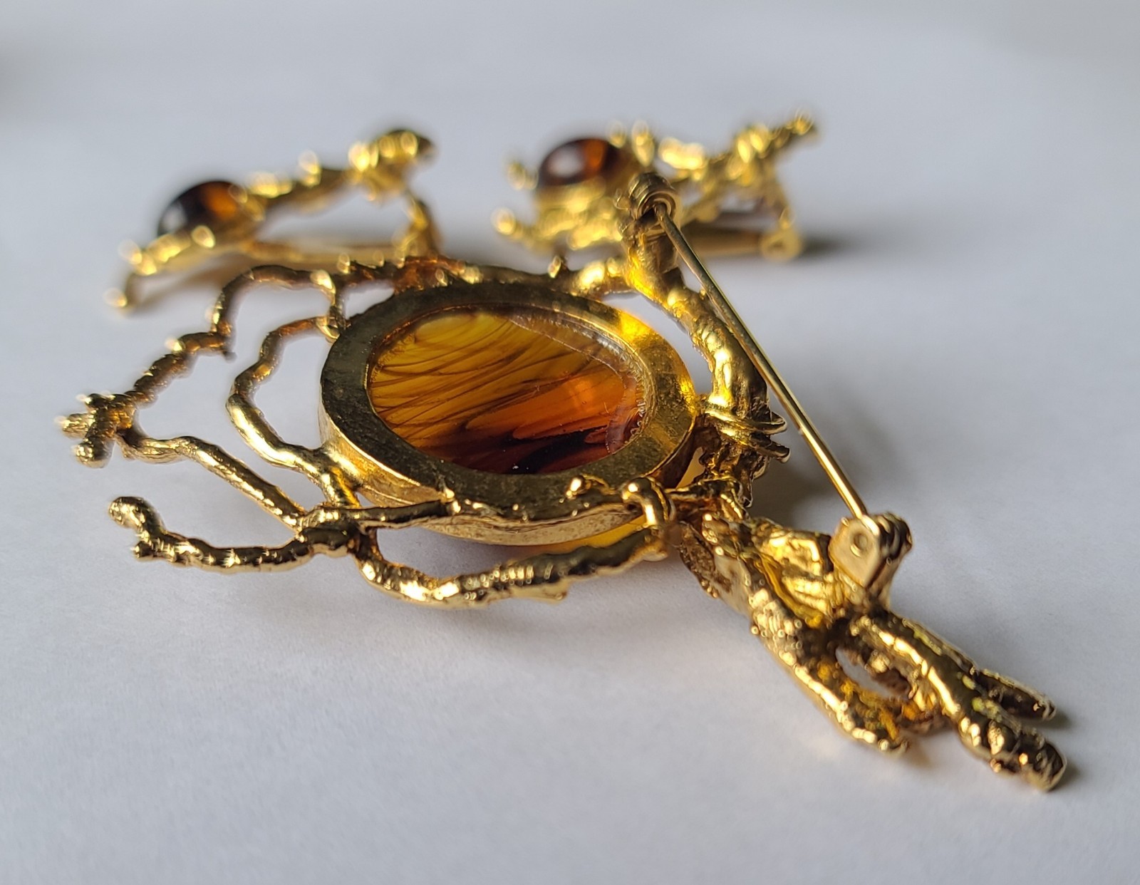 VTG Brutalist Modernist Goldtone Branches Swirl Glass Brooch Pin & Earrings Set