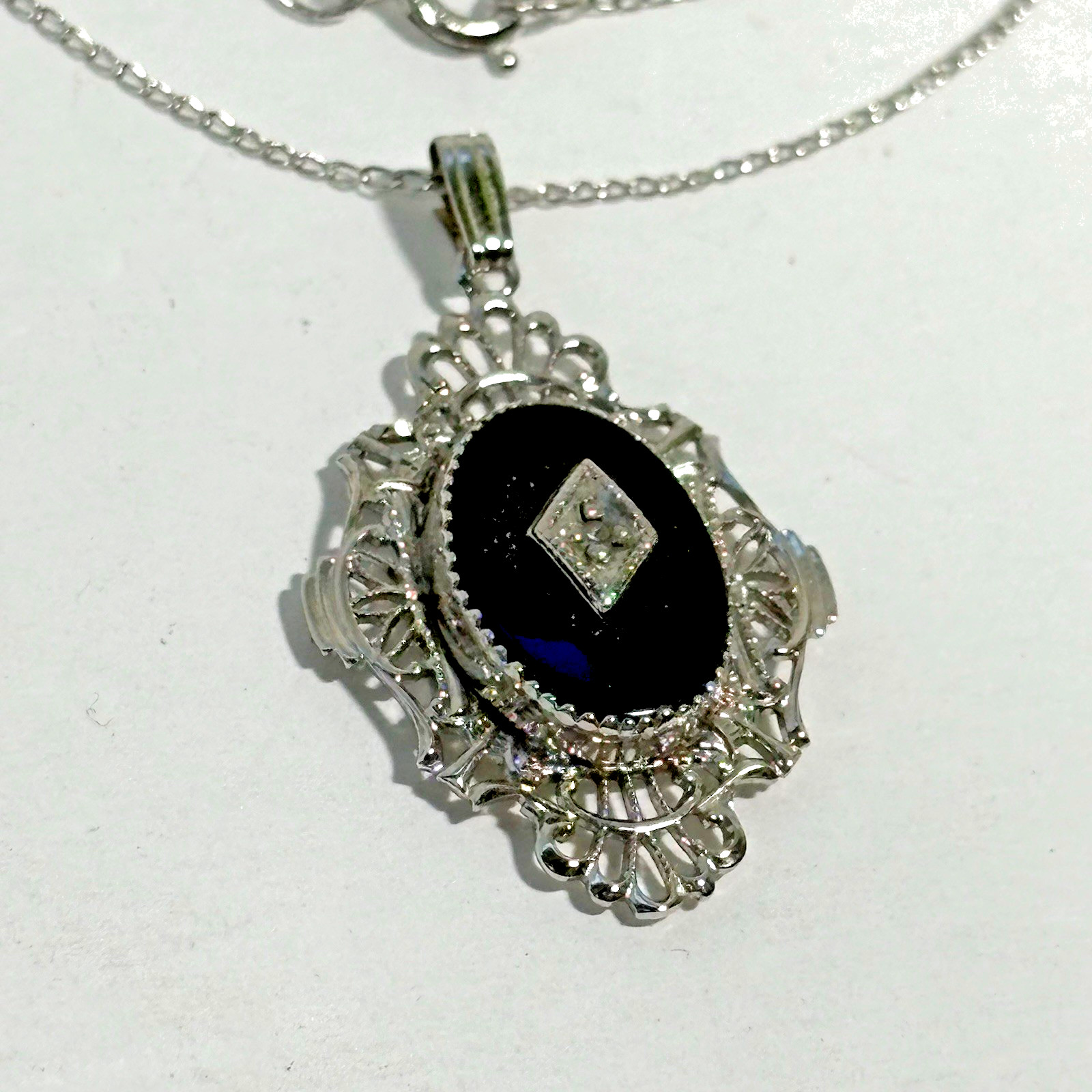 VTG Art Deco Black Onyx Diamond Filigree Pendant Necklace Sterling Silver 18″
