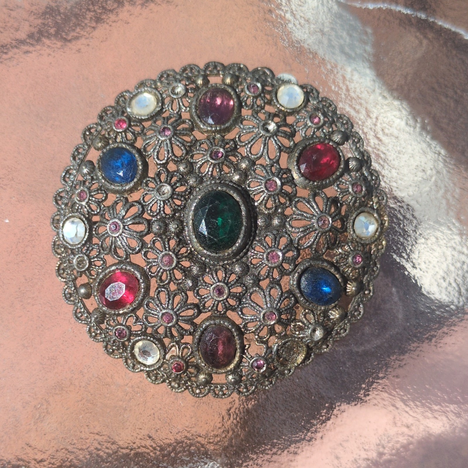 Brooch Antique New England Glass Works Filigree Large Multi-Color Rhinestones