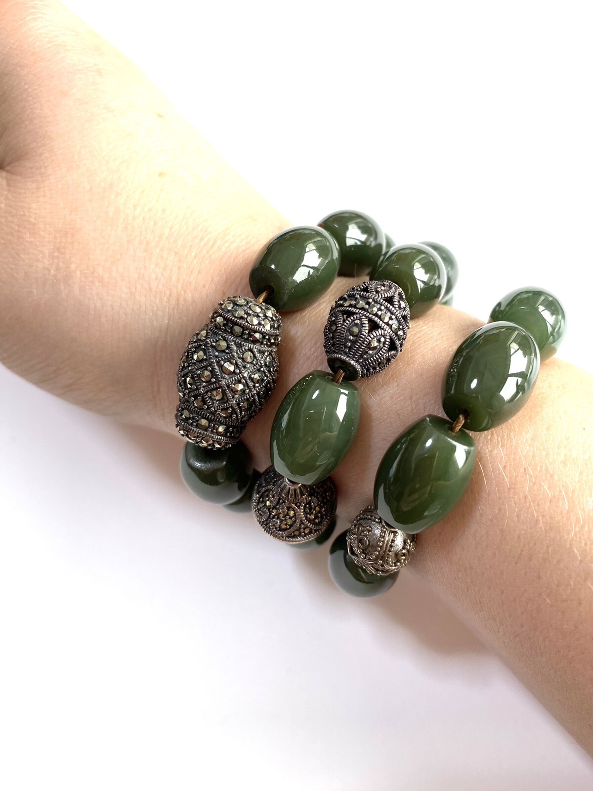 VTG Artisan Handmade Stretch Set Of 3 Natural Green Stone Silver Bracelet Sz S