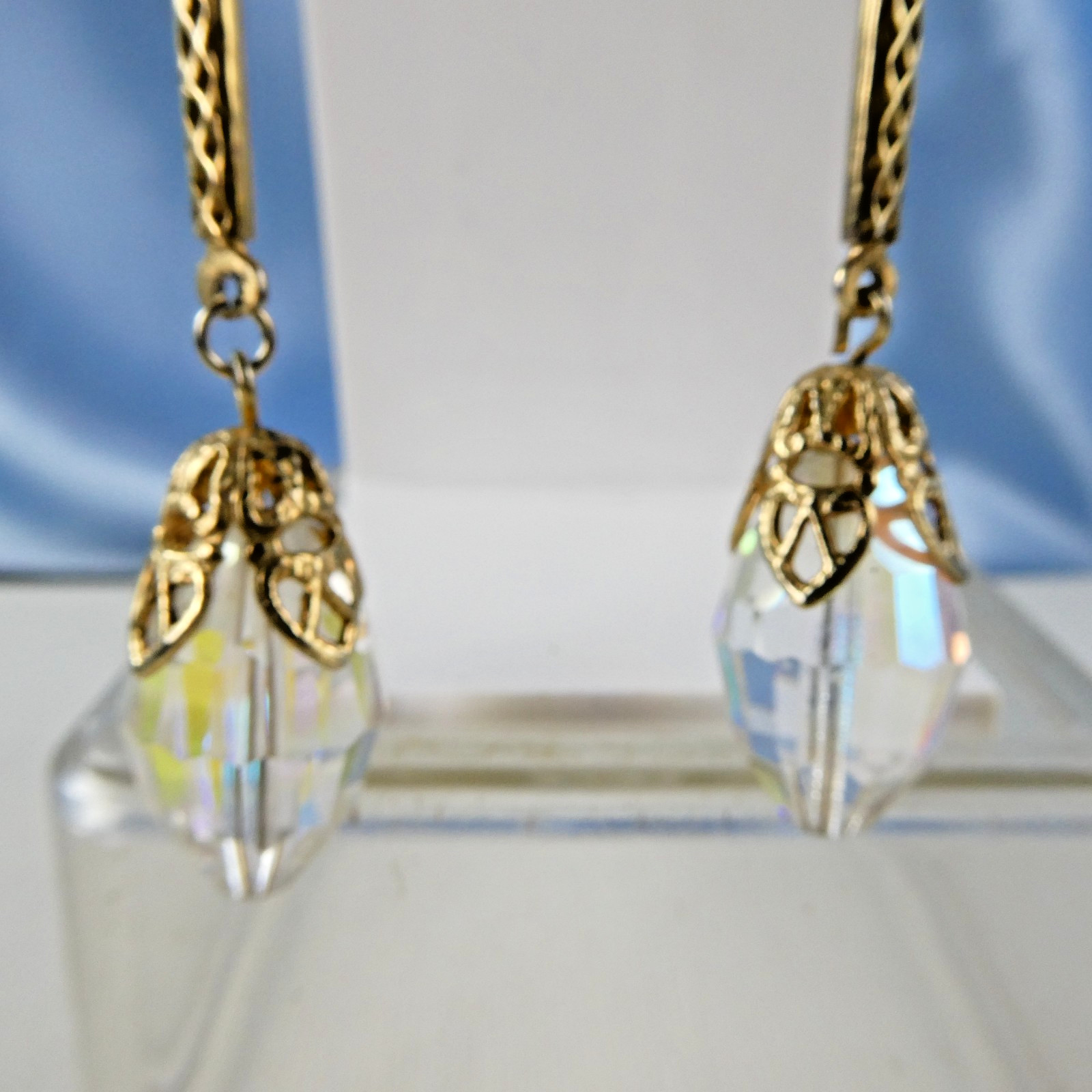 Vintage LONG Crystal Drop Dangle Earrings Clip On AB Glass Gold Tone