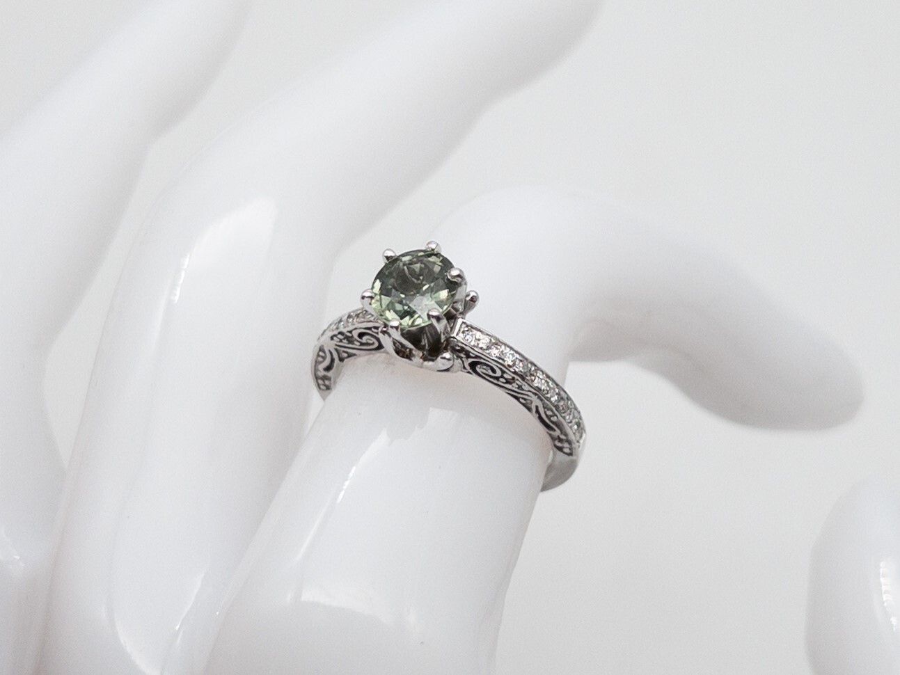 $4000 CERTIFIED NO HEAT 1.53ct Green Blue Sapphire Diamond 18k White Gold Ring