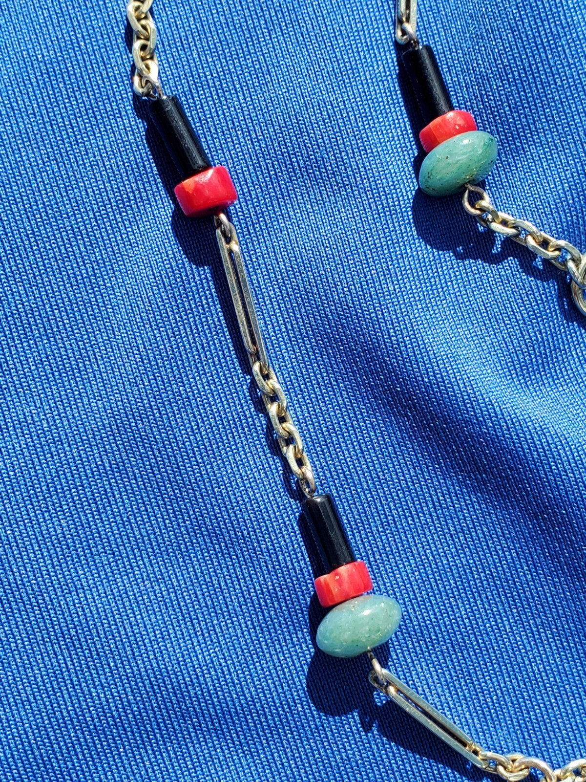 ORIGINAL Antique Deco Diamond Necklace Victorian Jade Onyx Coral Chain 14K GOLD