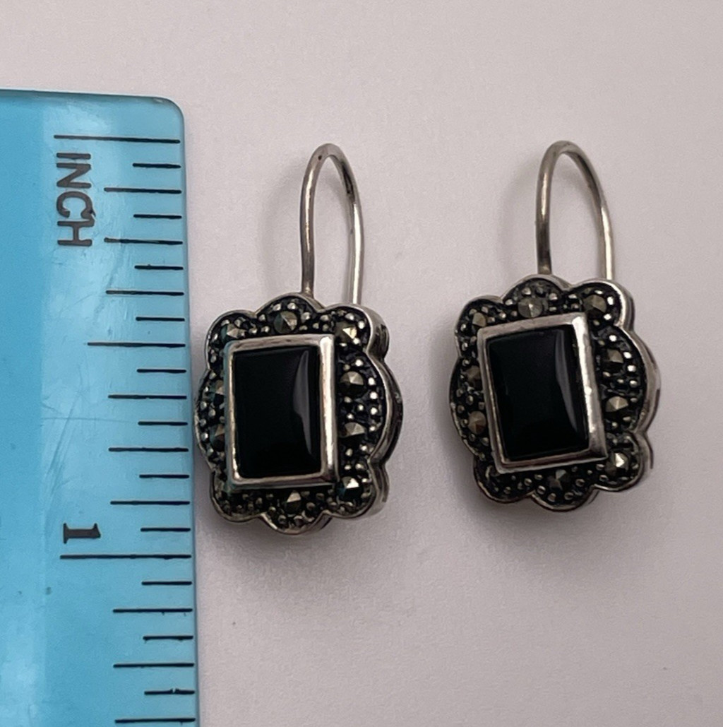 Vintage Sterling Silver 925 Onyx Marcasite Hook Earrings Dee Berkley DBJ 7/8”