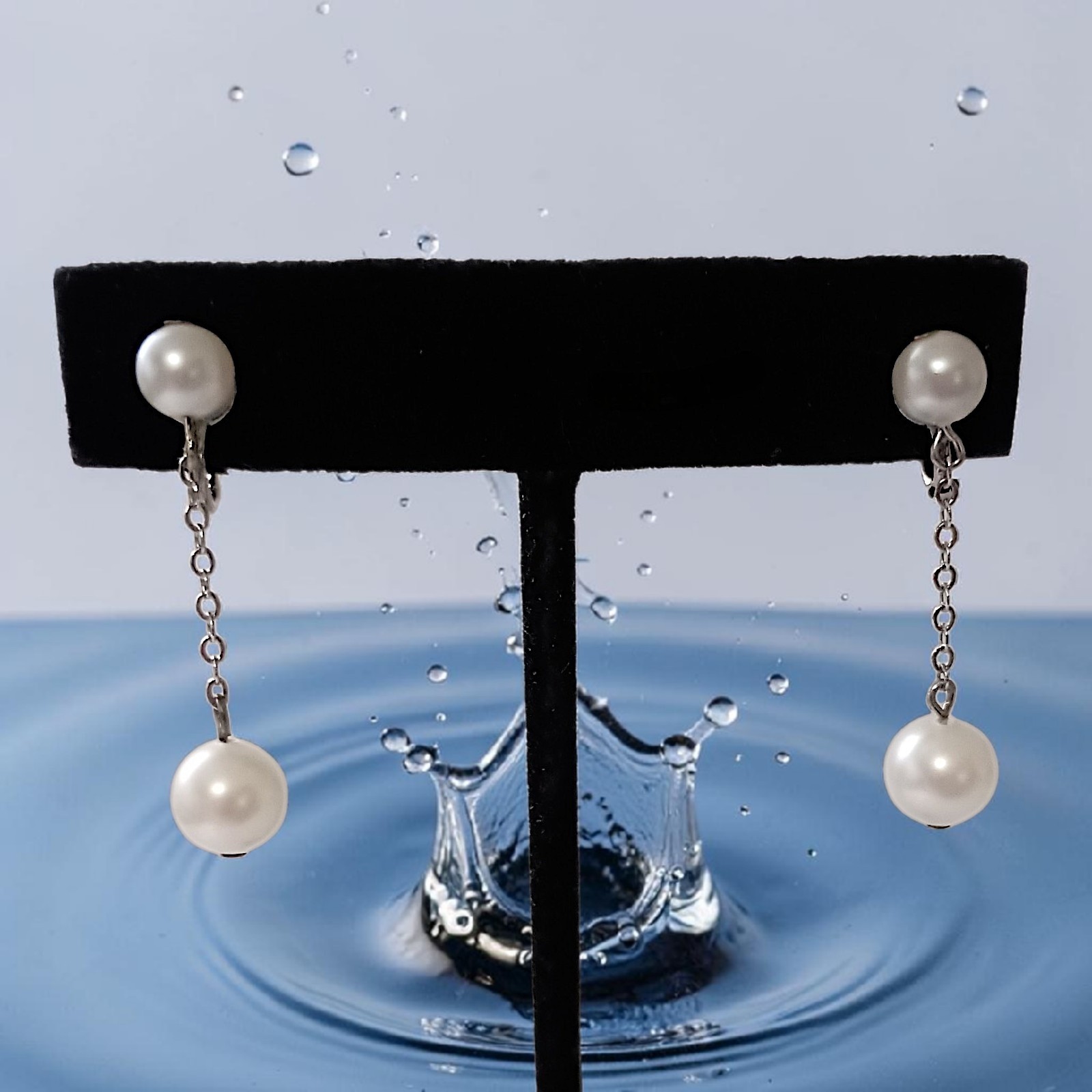Vintage Faux Pearl Chain Dangle Earrings Dainty Delicate Silver Tone Elegant