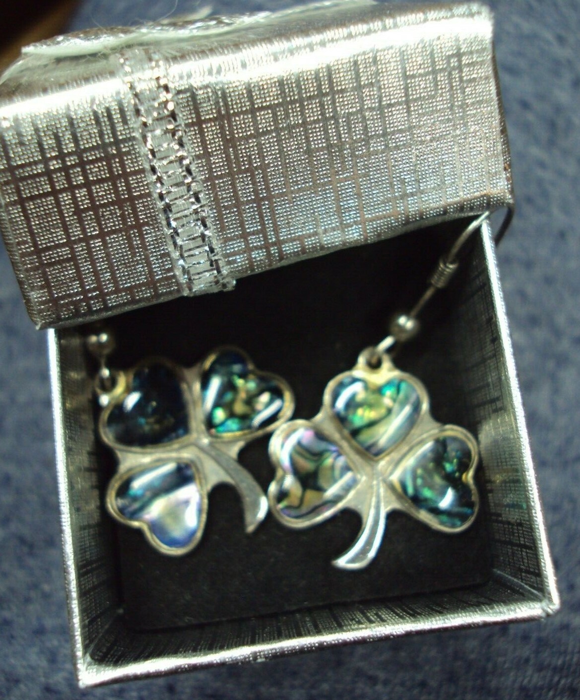 Vtg Estate Jewelry PAUA SHELL / CLOVER Silvertone Pierced Dangle Earrings