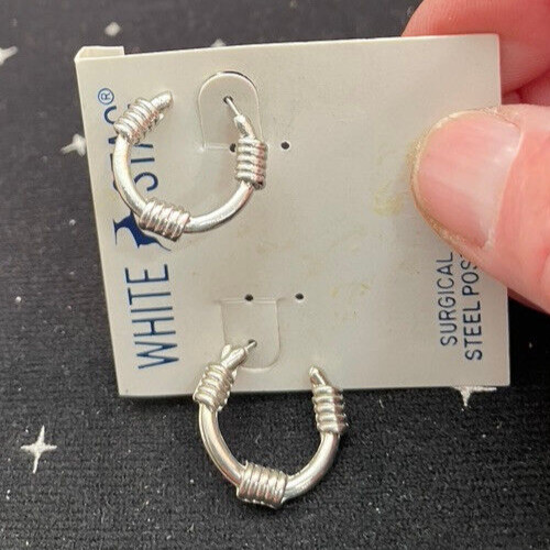 VTG Surgical Steel Posts Earrings White Stag Silver Color Hoops