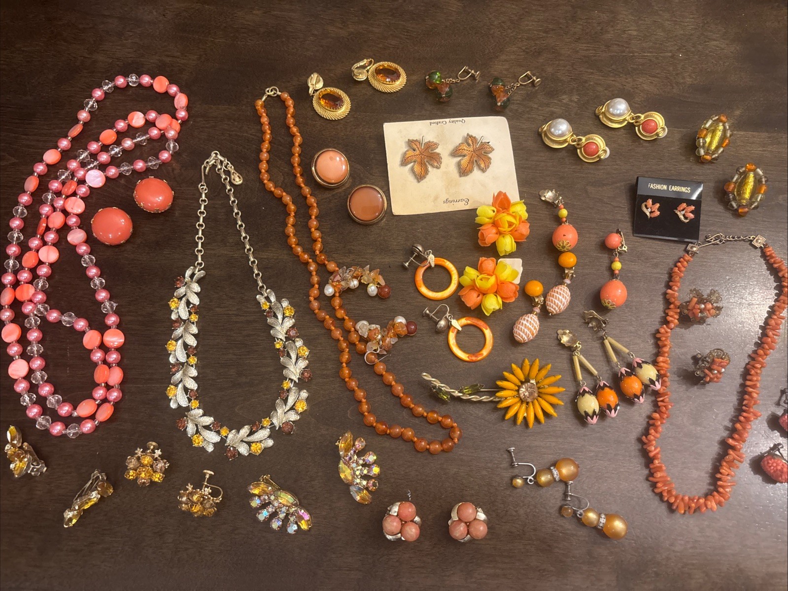 Mixed Huge Vtg Costume Jewelry Lot Orange, Amber, Yellow, Coral Colored Jewelry